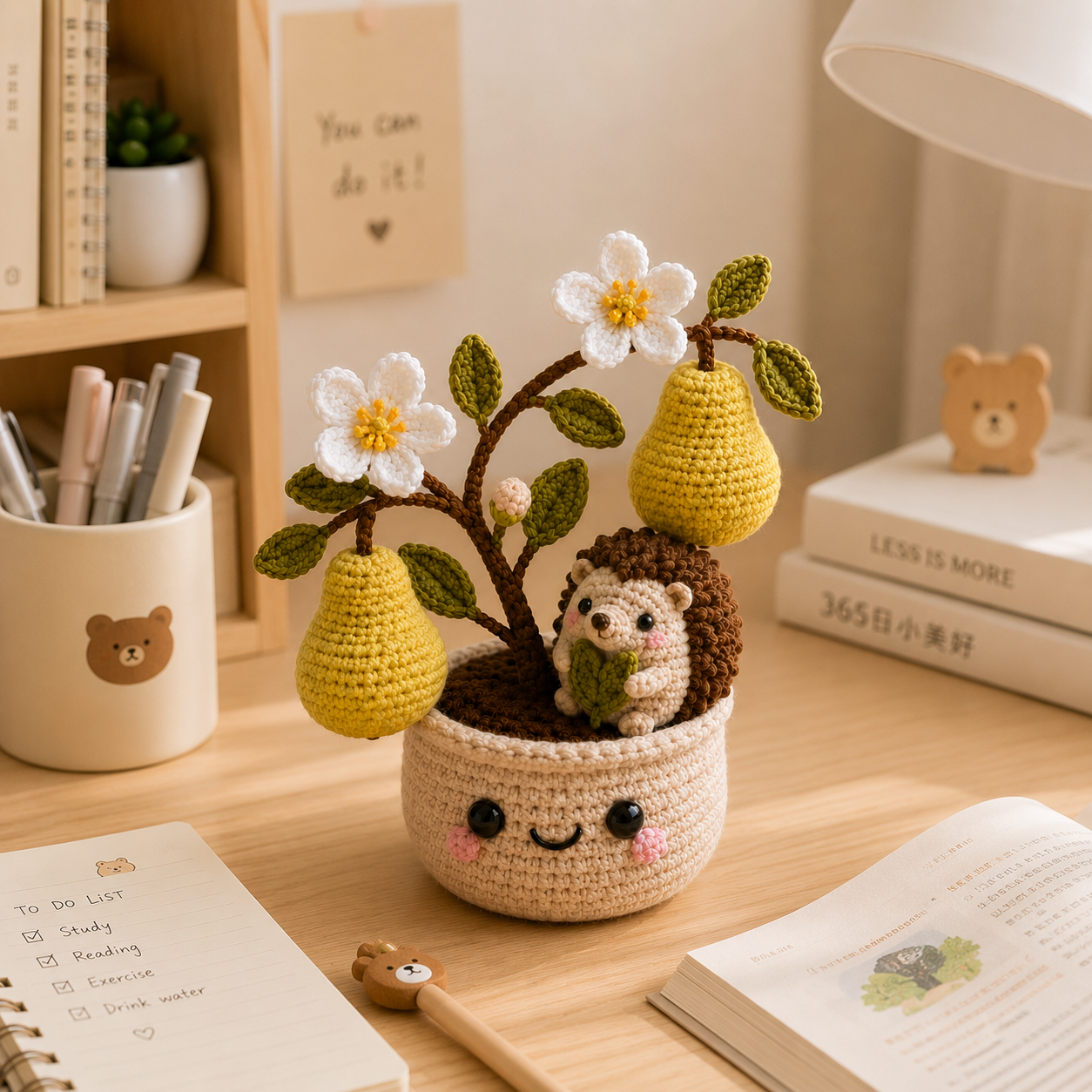 Handmade Crochet Hedgehog Pear Tree Pot – Cute Amigurumi Hedgehog Deco