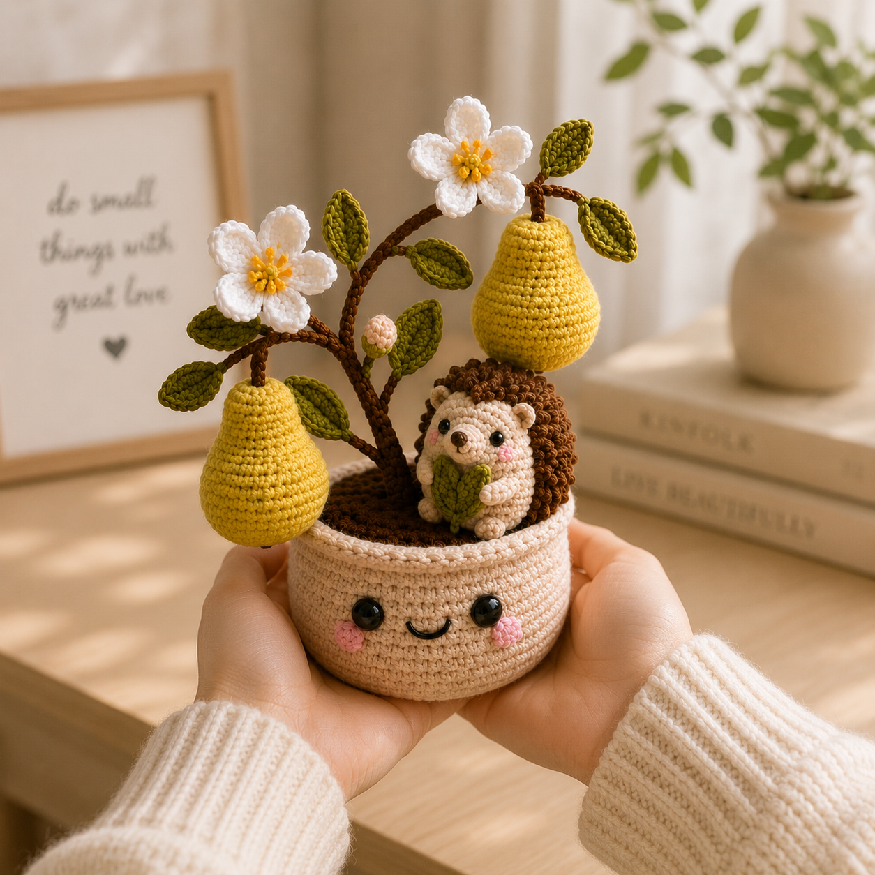 Handmade Crochet Hedgehog Pear Tree Pot – Cute Amigurumi Hedgehog Deco