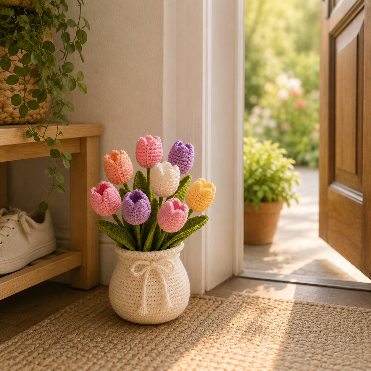 Handmade Crochet Tulip Flower Pot – Floral Home Desk Decor