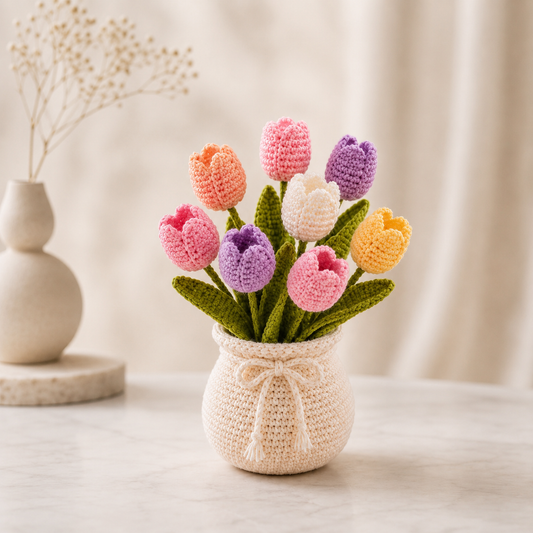 Handmade Crochet Tulip Flower Pot – Floral Home Desk Decor