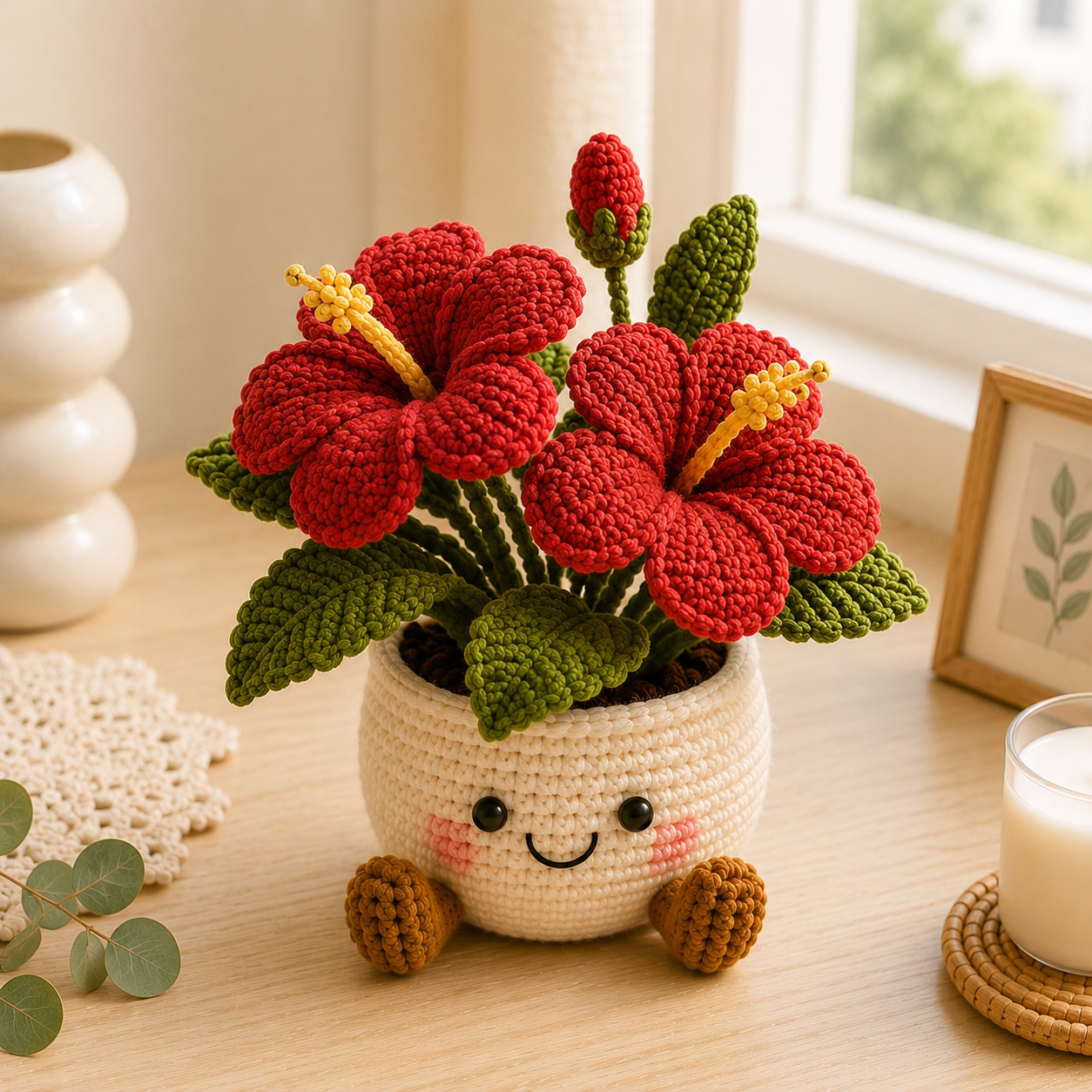 Handmade Crochet Tropical Flower Pot – Hibiscus, Plumeria & Bird of Paradise