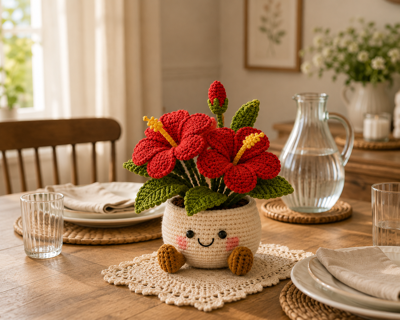 Handmade Crochet Tropical Flower Pot – Hibiscus, Plumeria & Bird of Paradise