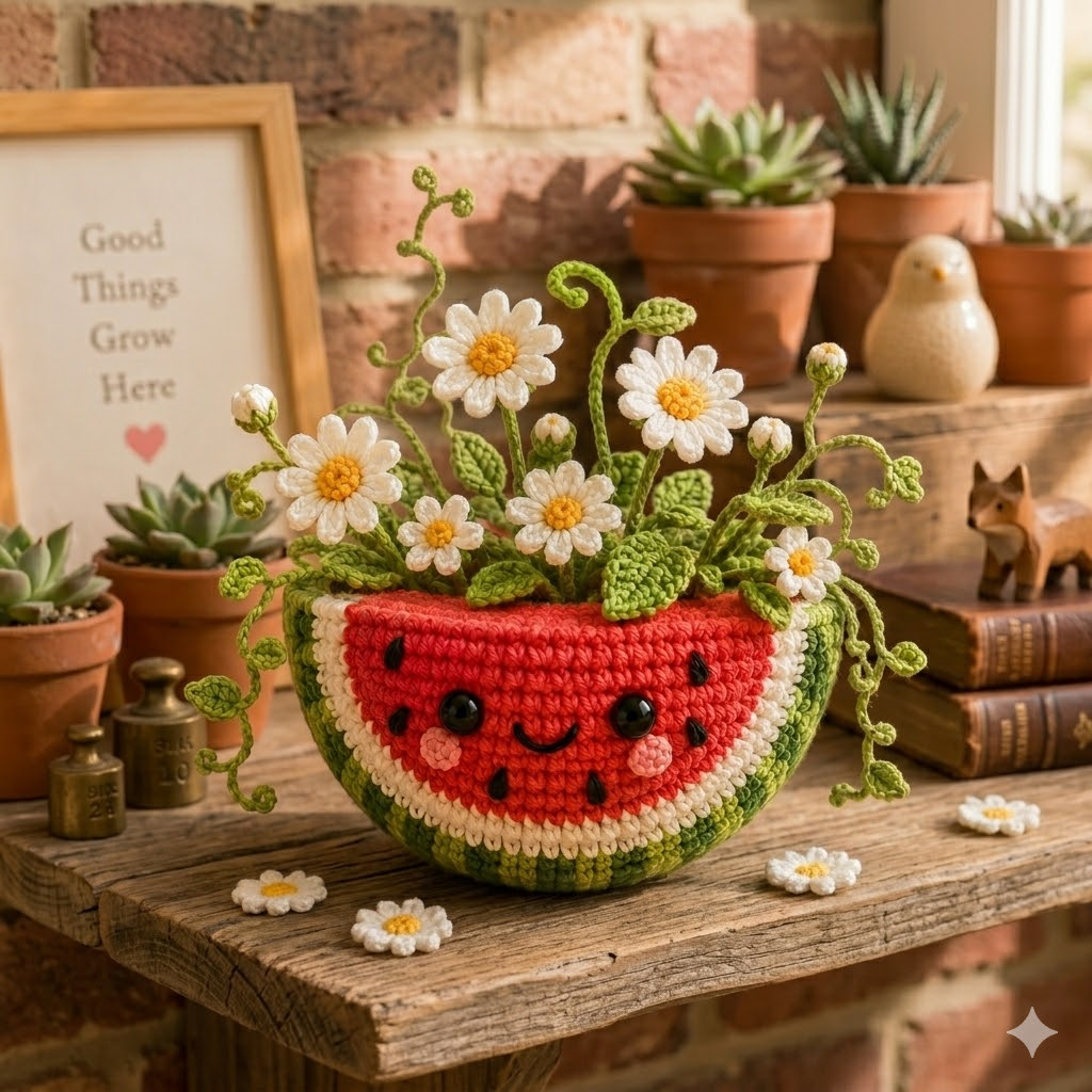 Handmade Crochet Watermelon Flower Pot – Daisy Summer Desk Decor