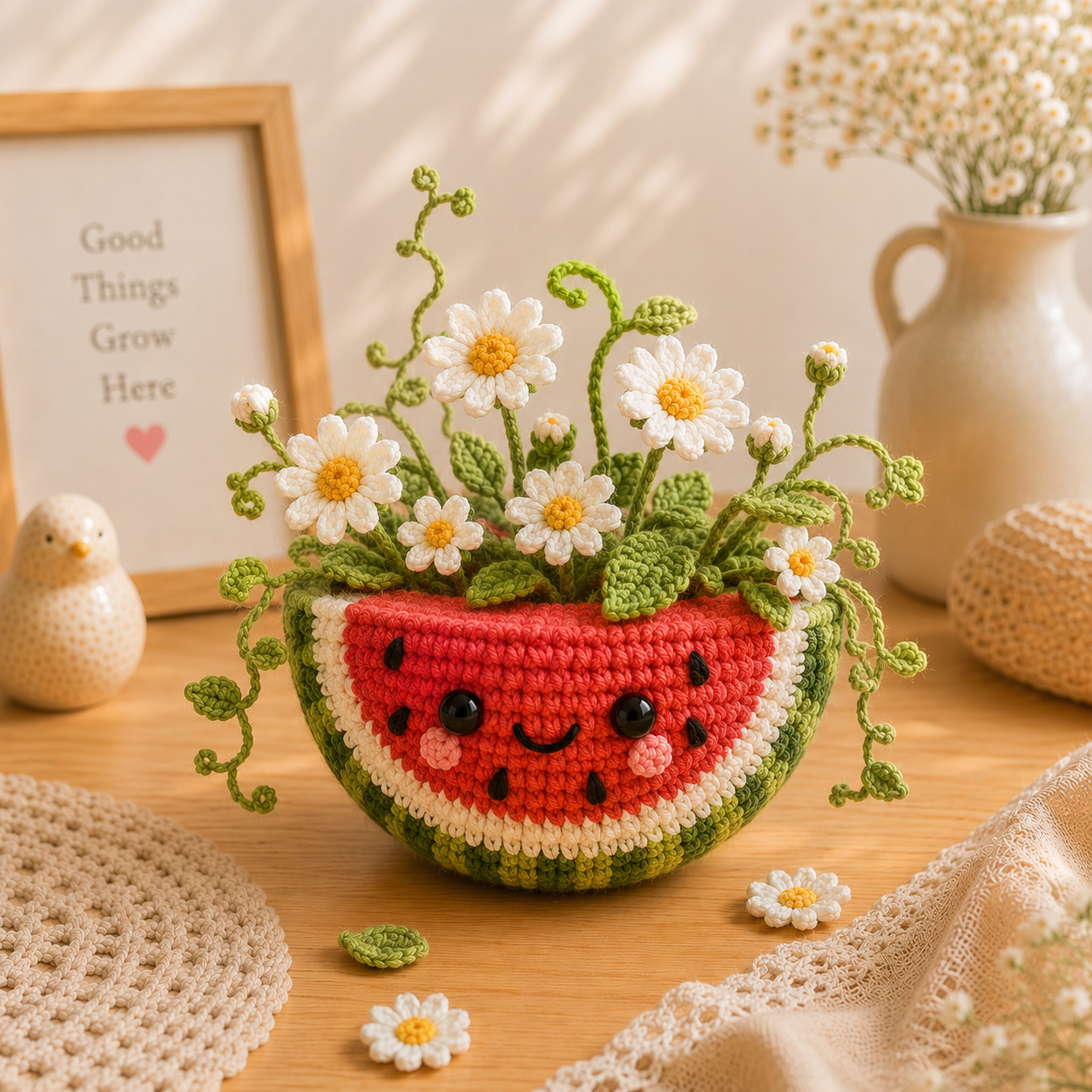 Handmade Crochet Watermelon Flower Pot – Daisy Summer Desk Decor