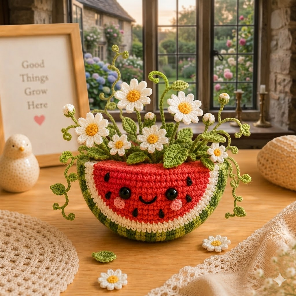 Handmade Crochet Watermelon Flower Pot – Daisy Summer Desk Decor