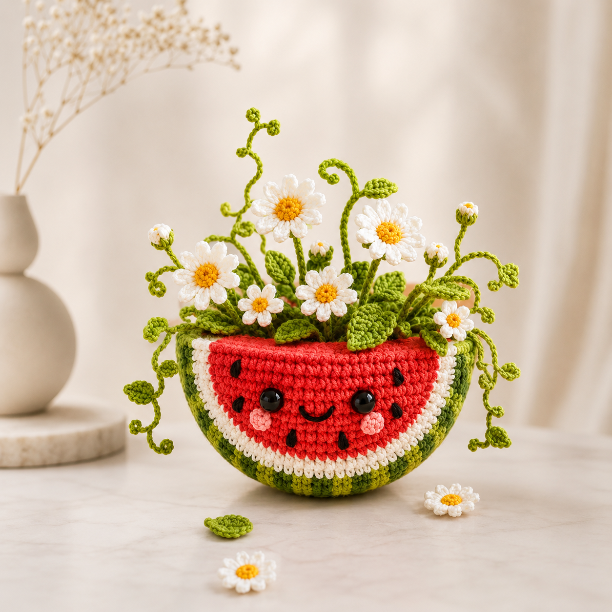 Handmade Crochet Watermelon Flower Pot – Daisy Summer Desk Decor