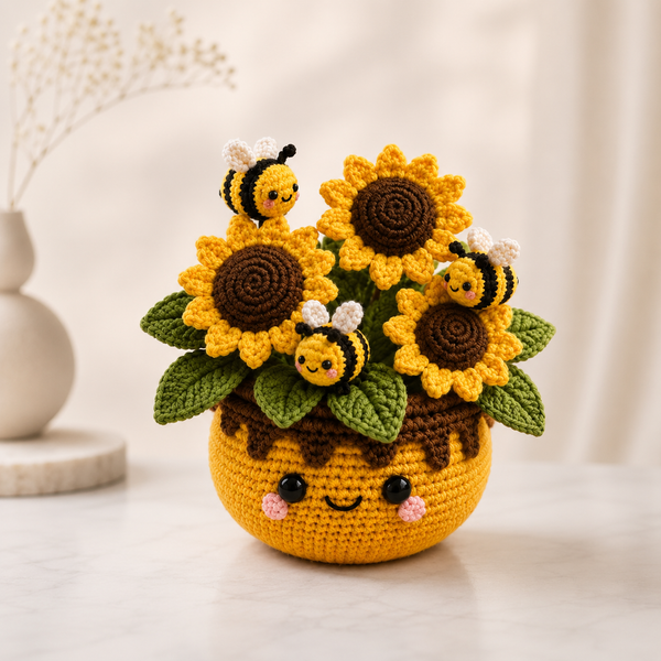 Crochet Sunflower Bouquet with Bees – Handmade Desk Decor Gift