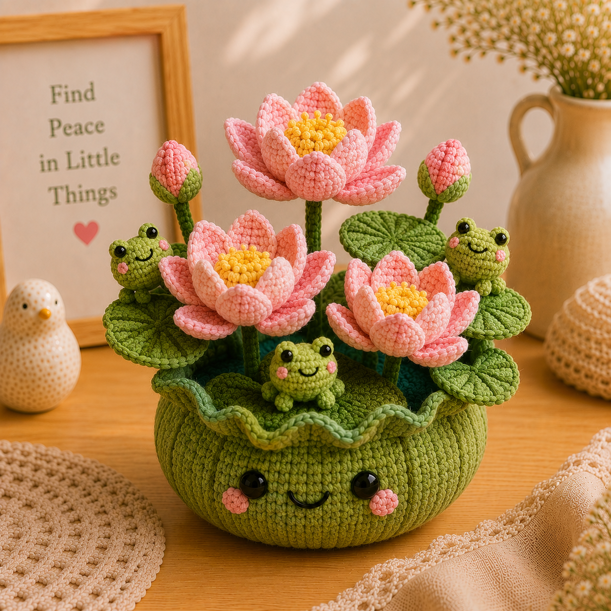 Handmade Crochet Lotus Flower Pot with Frogs – Zen Desk Decor
