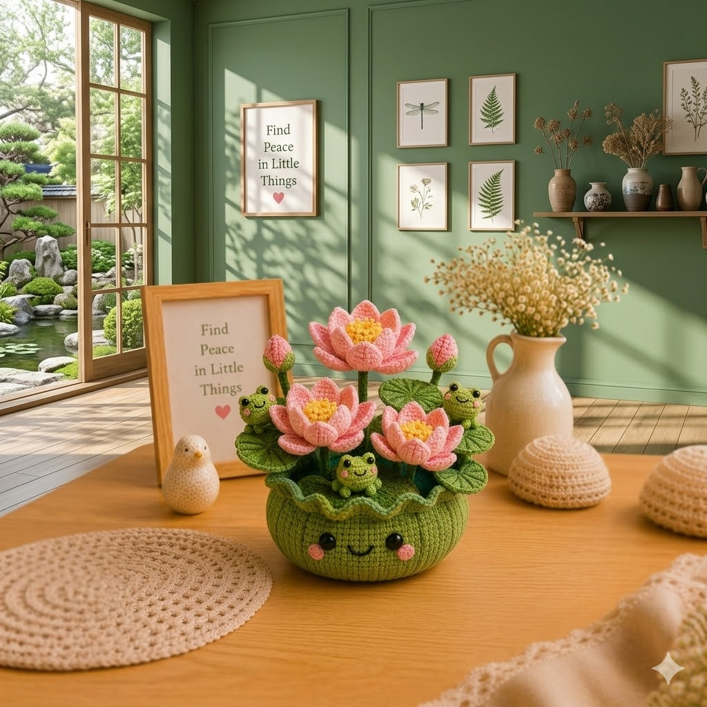 Handmade Crochet Lotus Flower Pot with Frogs – Zen Desk Decor