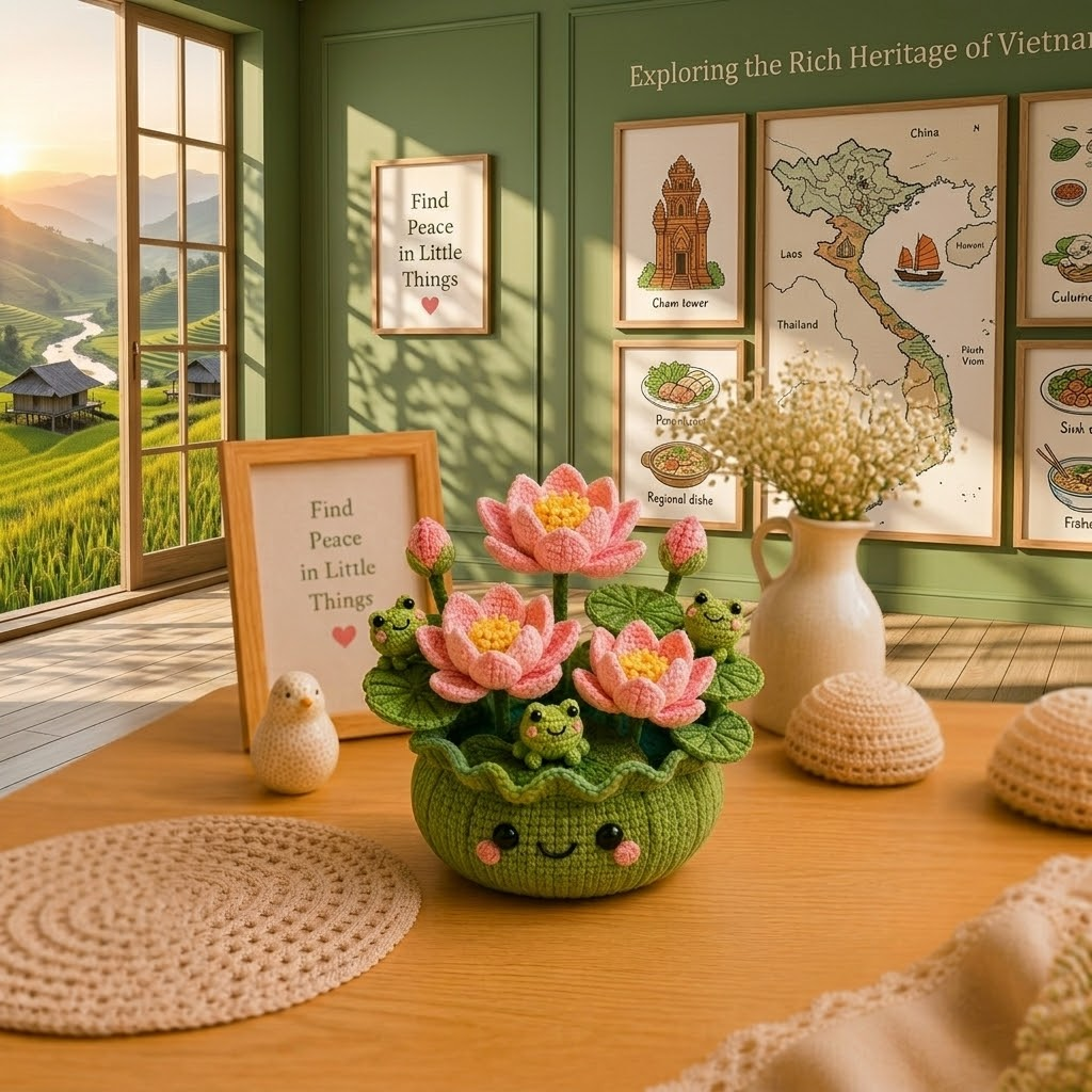 Handmade Crochet Lotus Flower Pot with Frogs – Zen Desk Decor