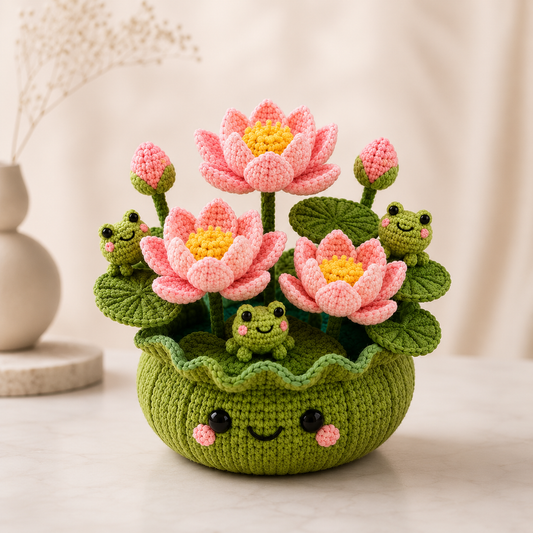 Handmade Crochet Lotus Flower Pot with Frogs – Zen Desk Decor