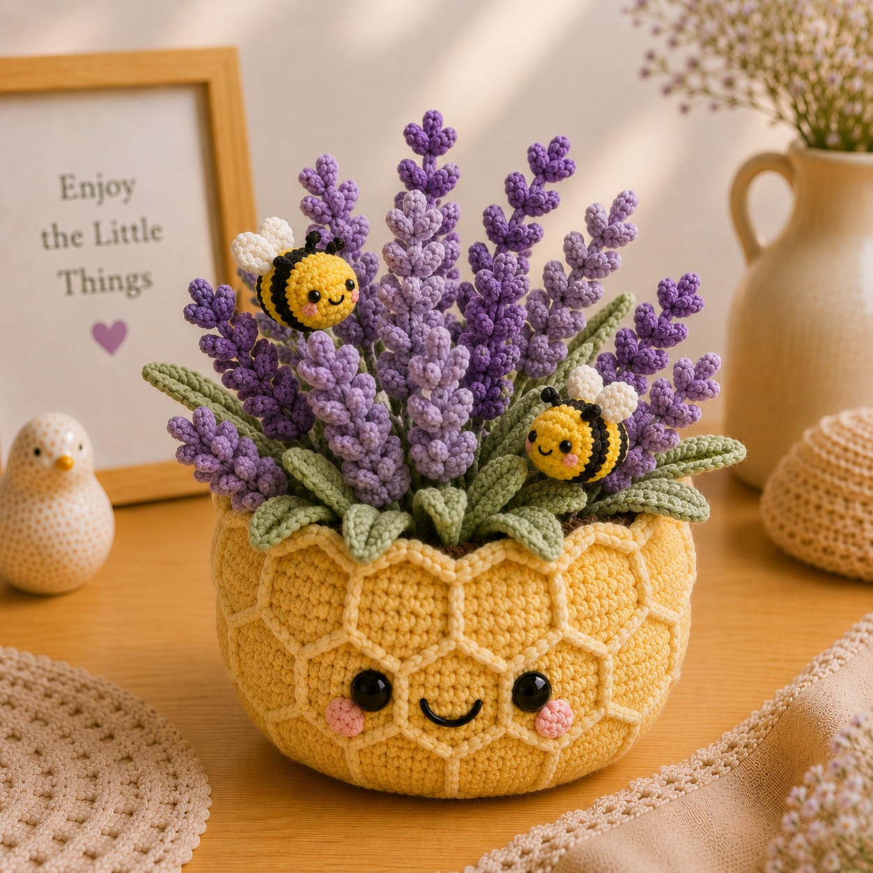 Handmade Crochet Lavender Pot with Bees – Honeycomb Floral Decor