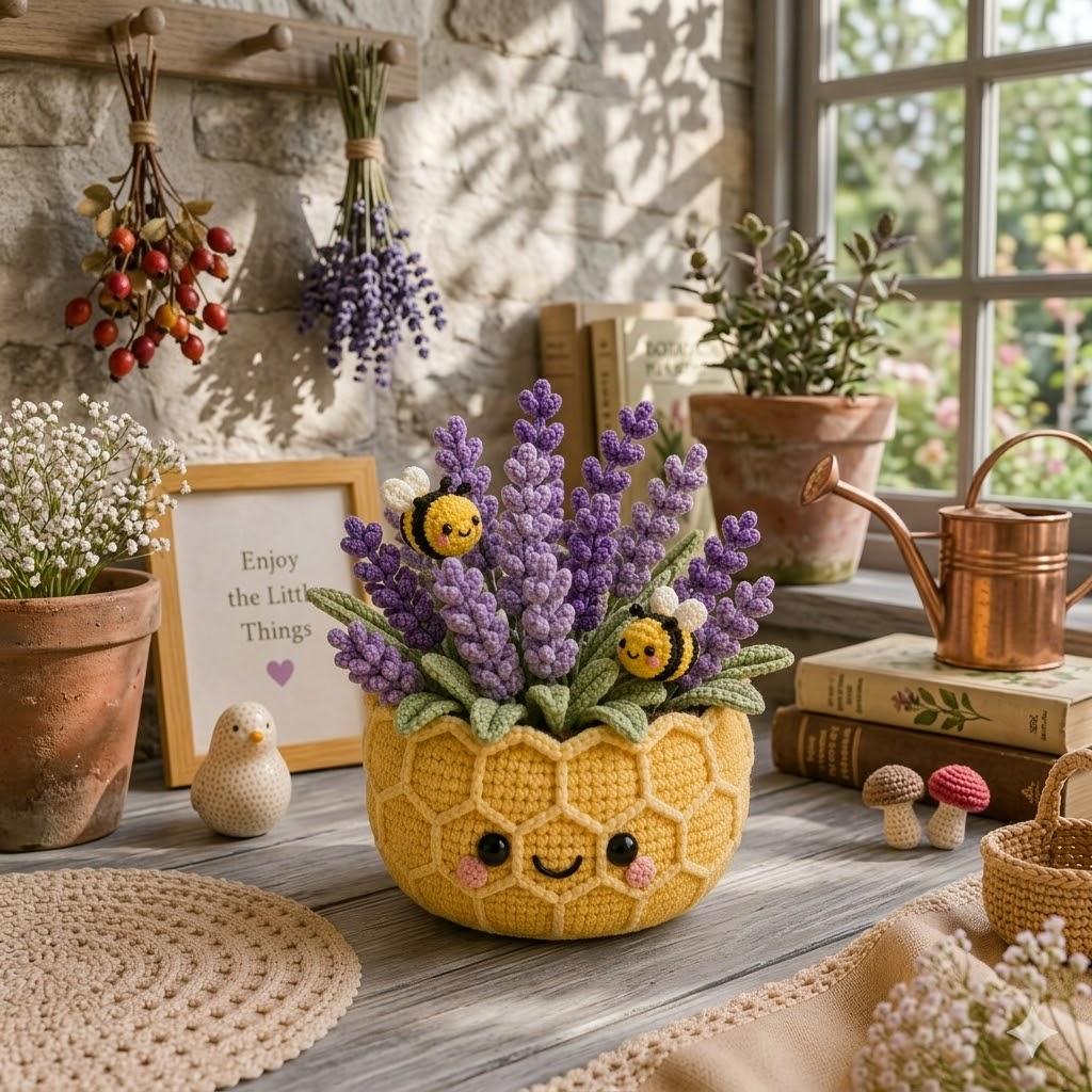 Handmade Crochet Lavender Pot with Bees – Honeycomb Floral Decor