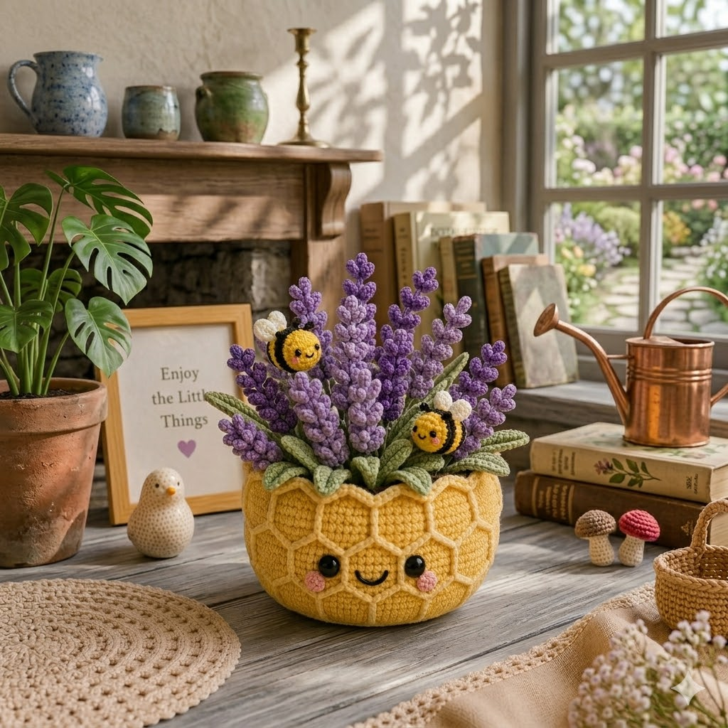 Handmade Crochet Lavender Pot with Bees – Honeycomb Floral Decor
