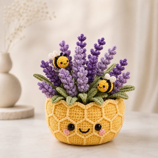 Handmade Crochet Lavender Pot with Bees – Honeycomb Floral Decor