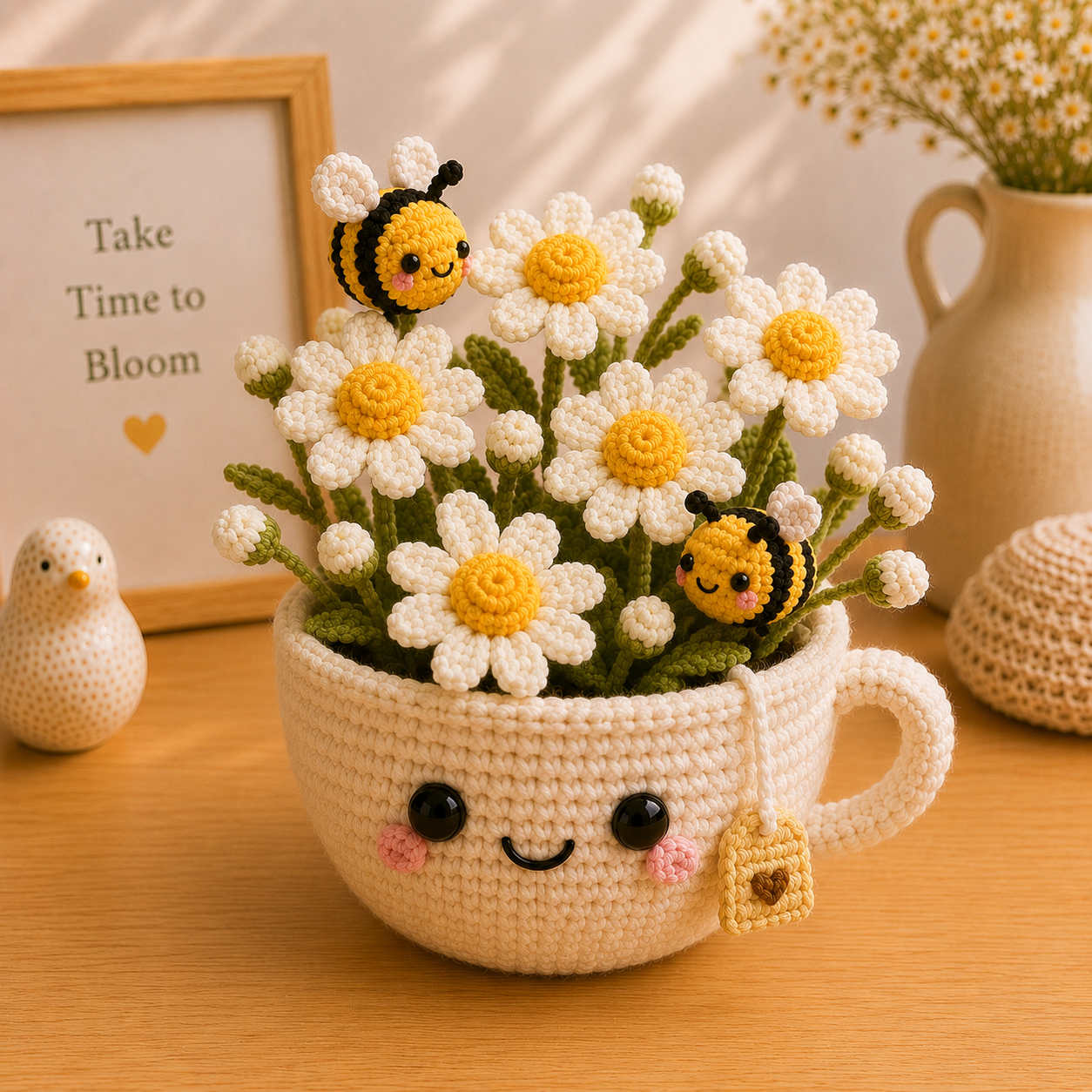 Handmade Crochet Daisy Cup with Bees – Floral Desk Decor