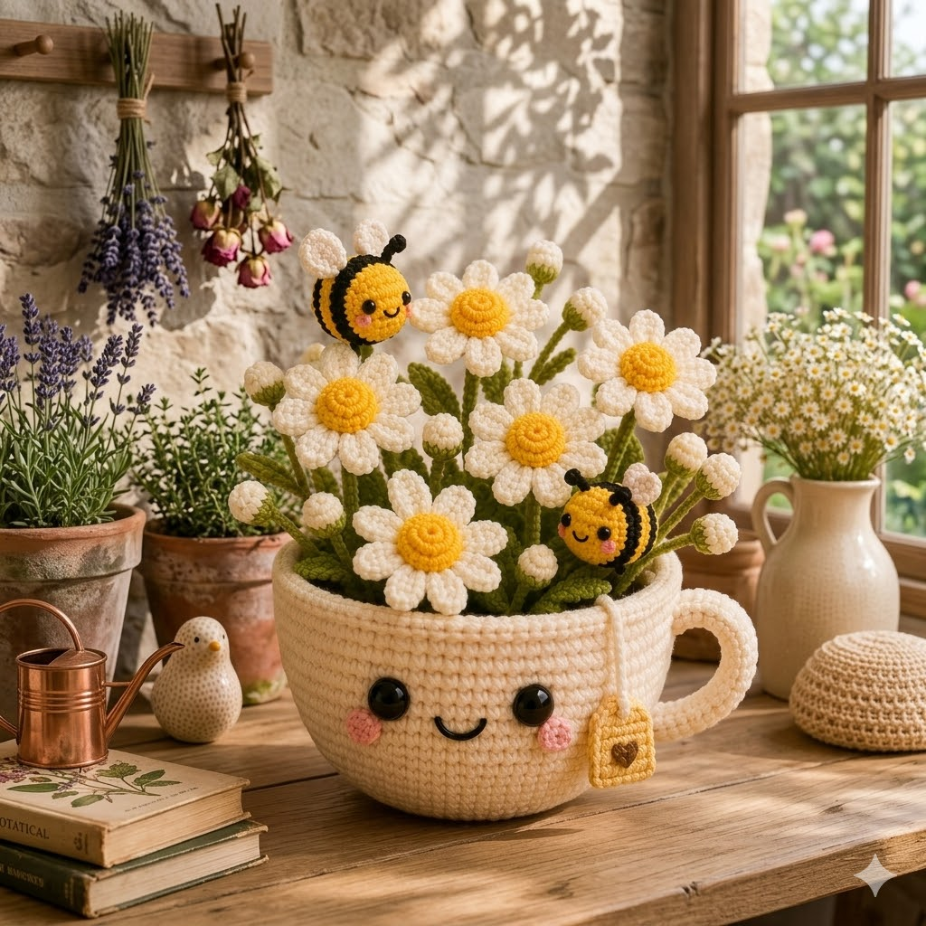 Handmade Crochet Daisy Cup with Bees – Floral Desk Decor