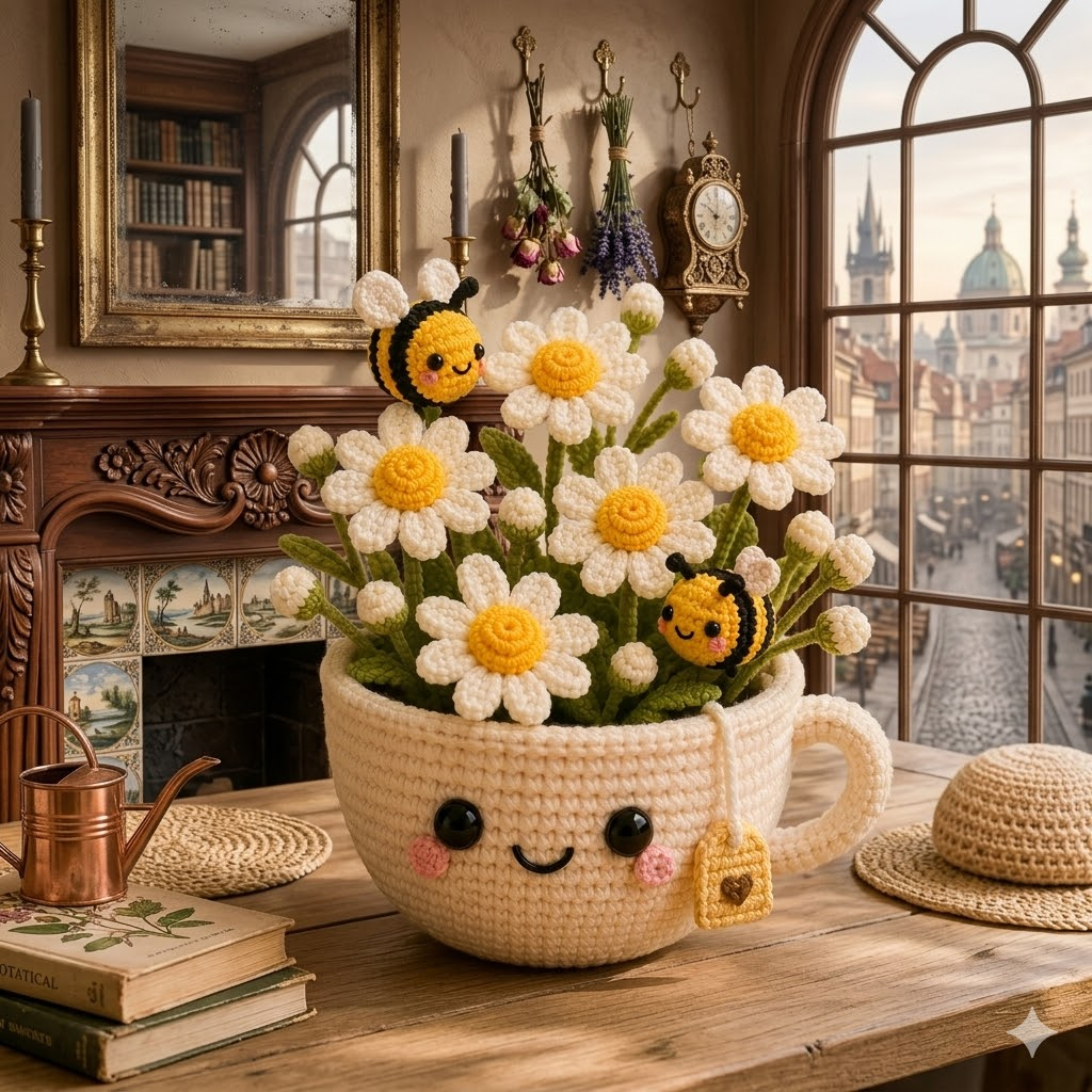 Handmade Crochet Daisy Cup with Bees – Floral Desk Decor