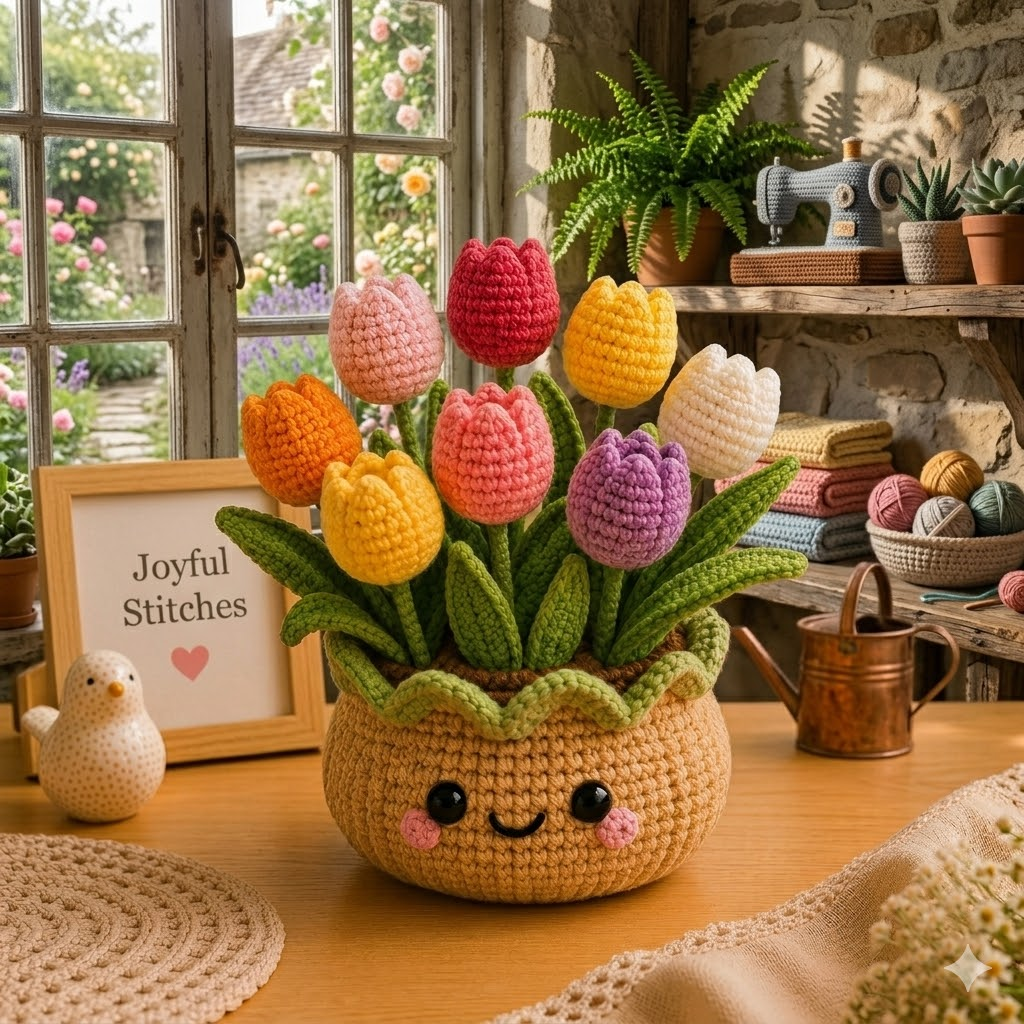Handmade Crochet Tulip Bouquet Pot | Colorful Forever Flowers