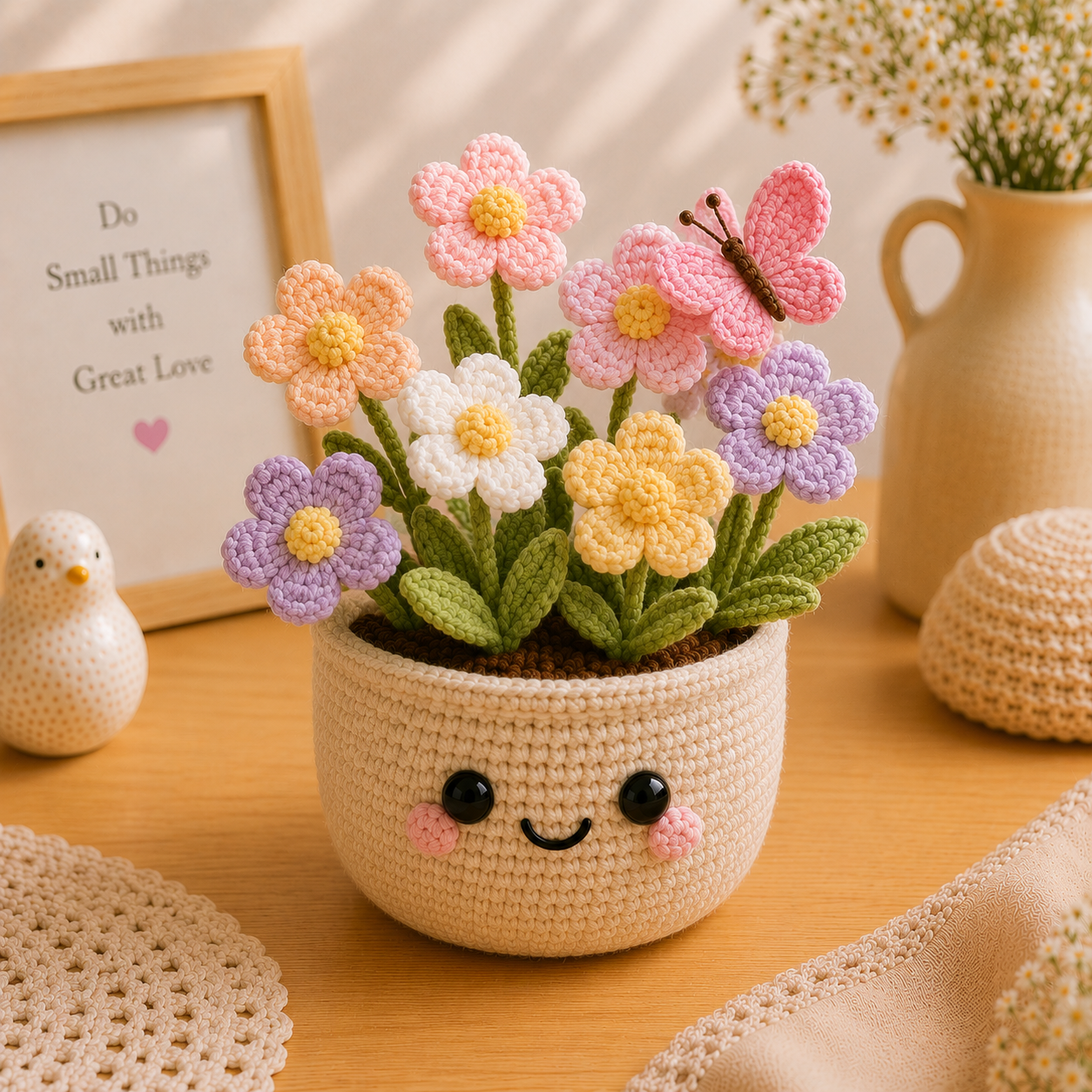Handmade Crochet Wildflower Pot with Butterfly | Cute Amigurumi Flower Decor