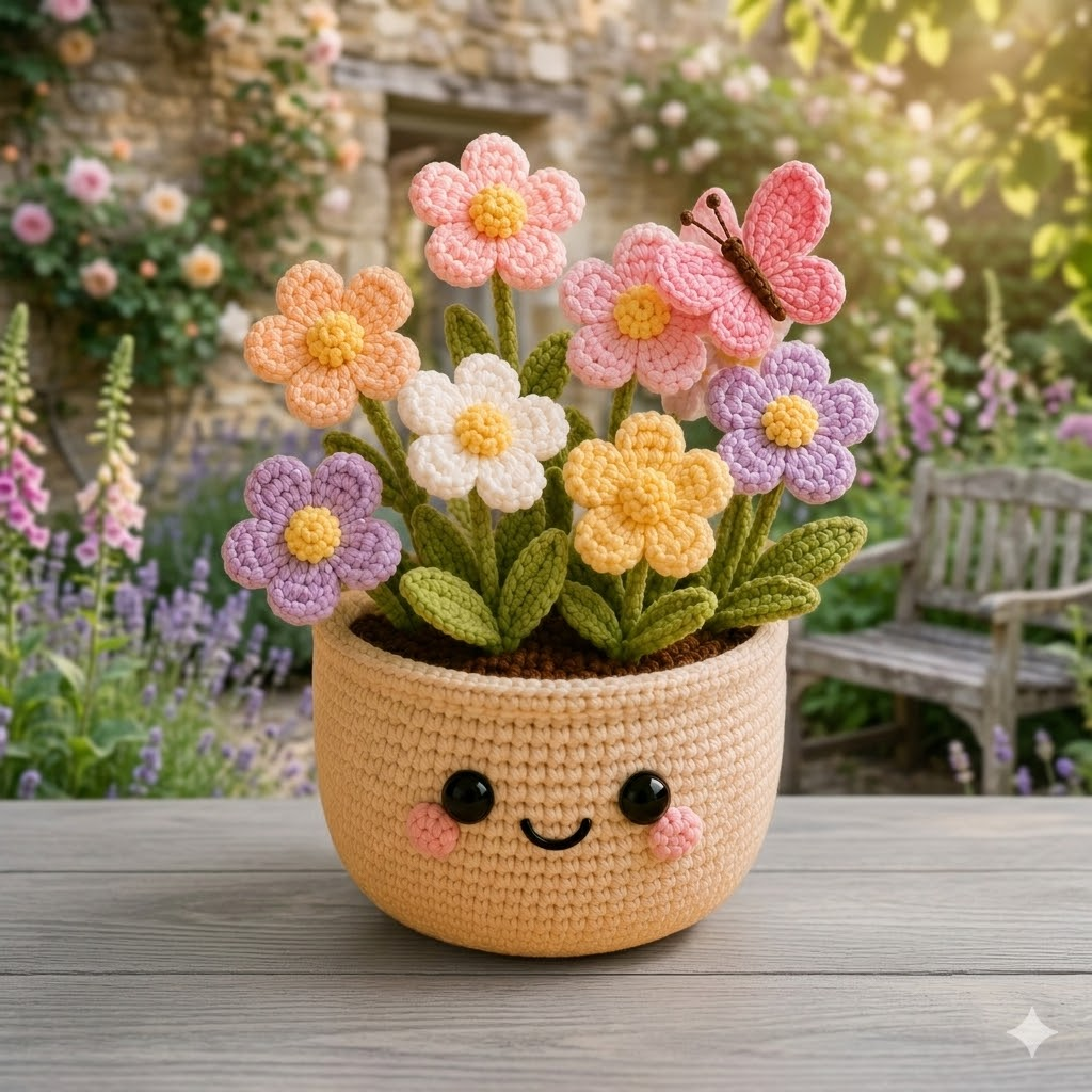 Handmade Crochet Wildflower Pot with Butterfly | Cute Amigurumi Flower Decor