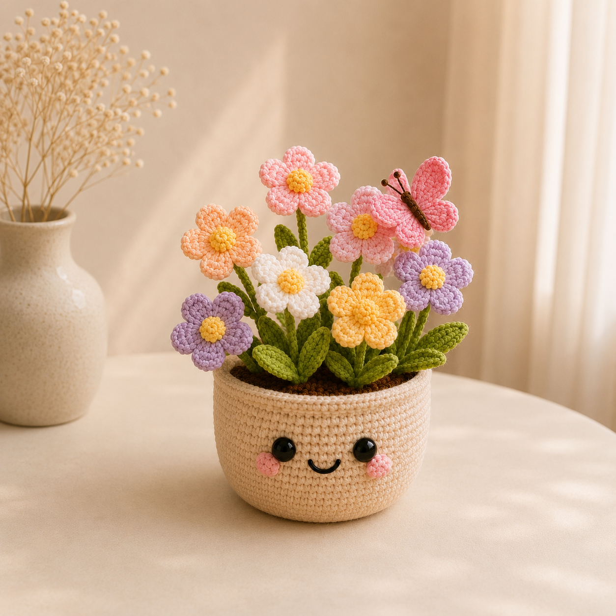Handmade Crochet Wildflower Pot with Butterfly | Cute Amigurumi Flower Decor