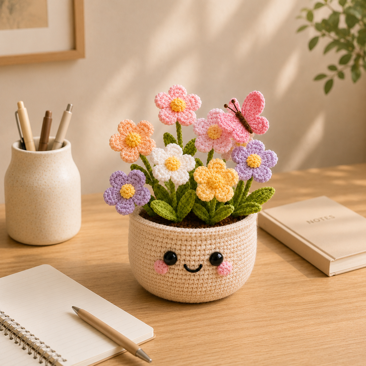 Handmade Crochet Wildflower Pot with Butterfly | Cute Amigurumi Flower Decor