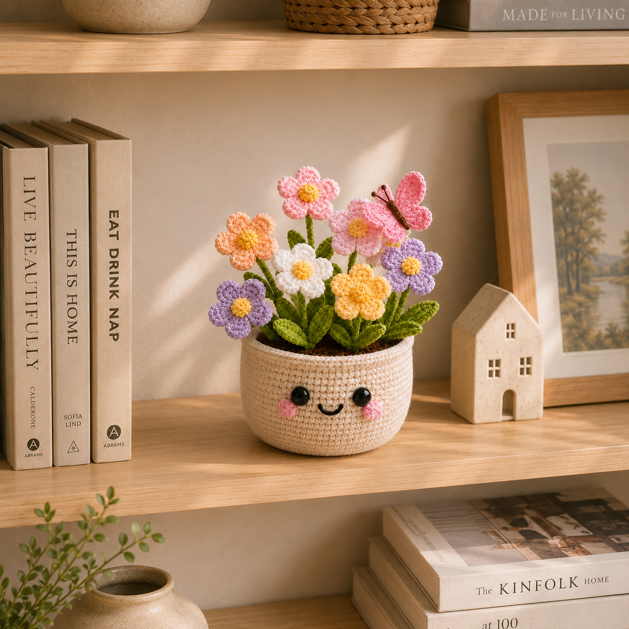 Handmade Crochet Wildflower Pot with Butterfly | Cute Amigurumi Flower Decor
