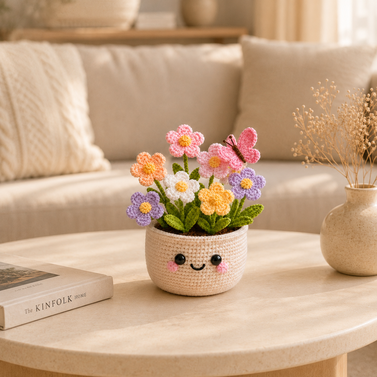 Handmade Crochet Wildflower Pot with Butterfly | Cute Amigurumi Flower Decor