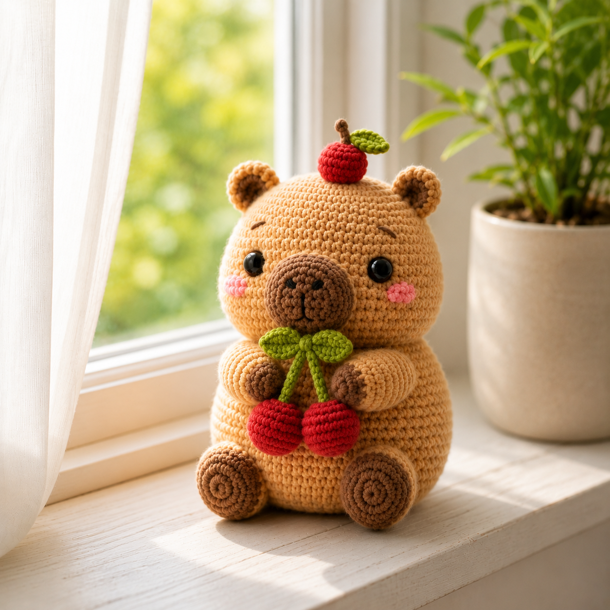 Handmade Crochet Bear with Cherries – Cute Amigurumi Plush Desk Decor & Gift