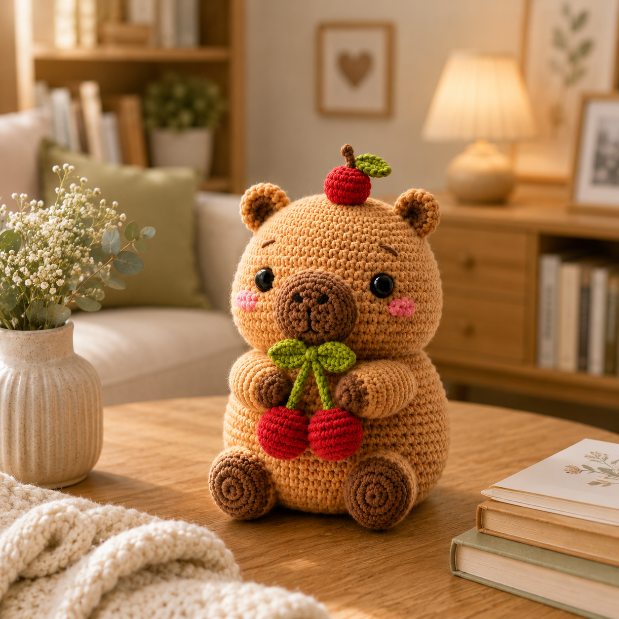 Handmade Crochet Bear with Cherries – Cute Amigurumi Plush Desk Decor & Gift