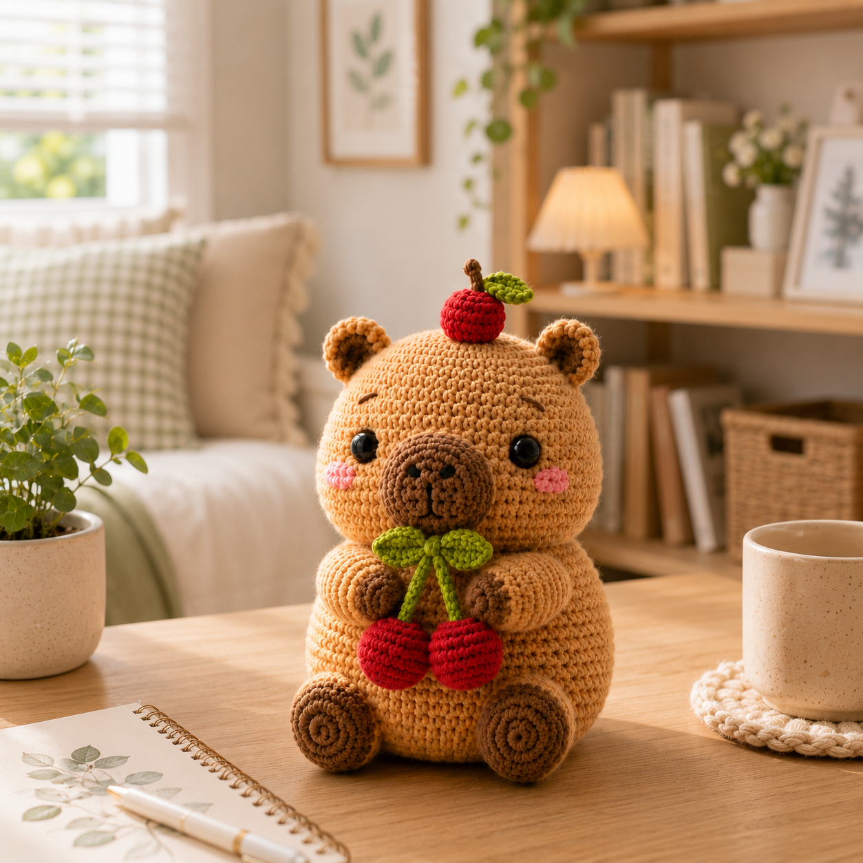 Handmade Crochet Bear with Cherries – Cute Amigurumi Plush Desk Decor & Gift