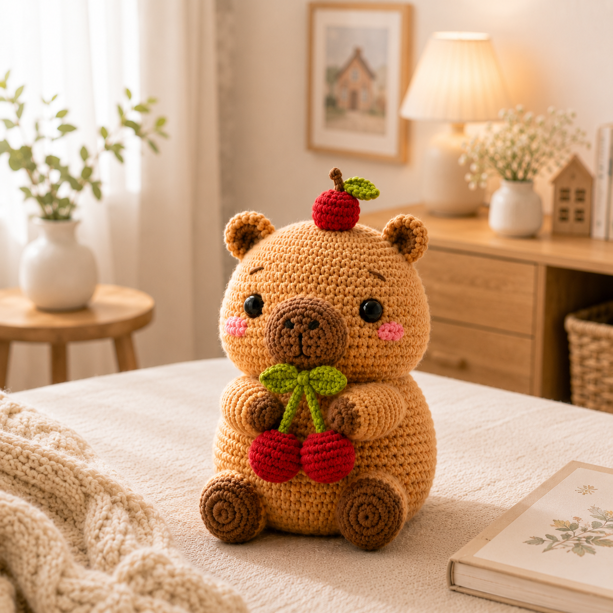 Handmade Crochet Bear with Cherries – Cute Amigurumi Plush Desk Decor & Gift