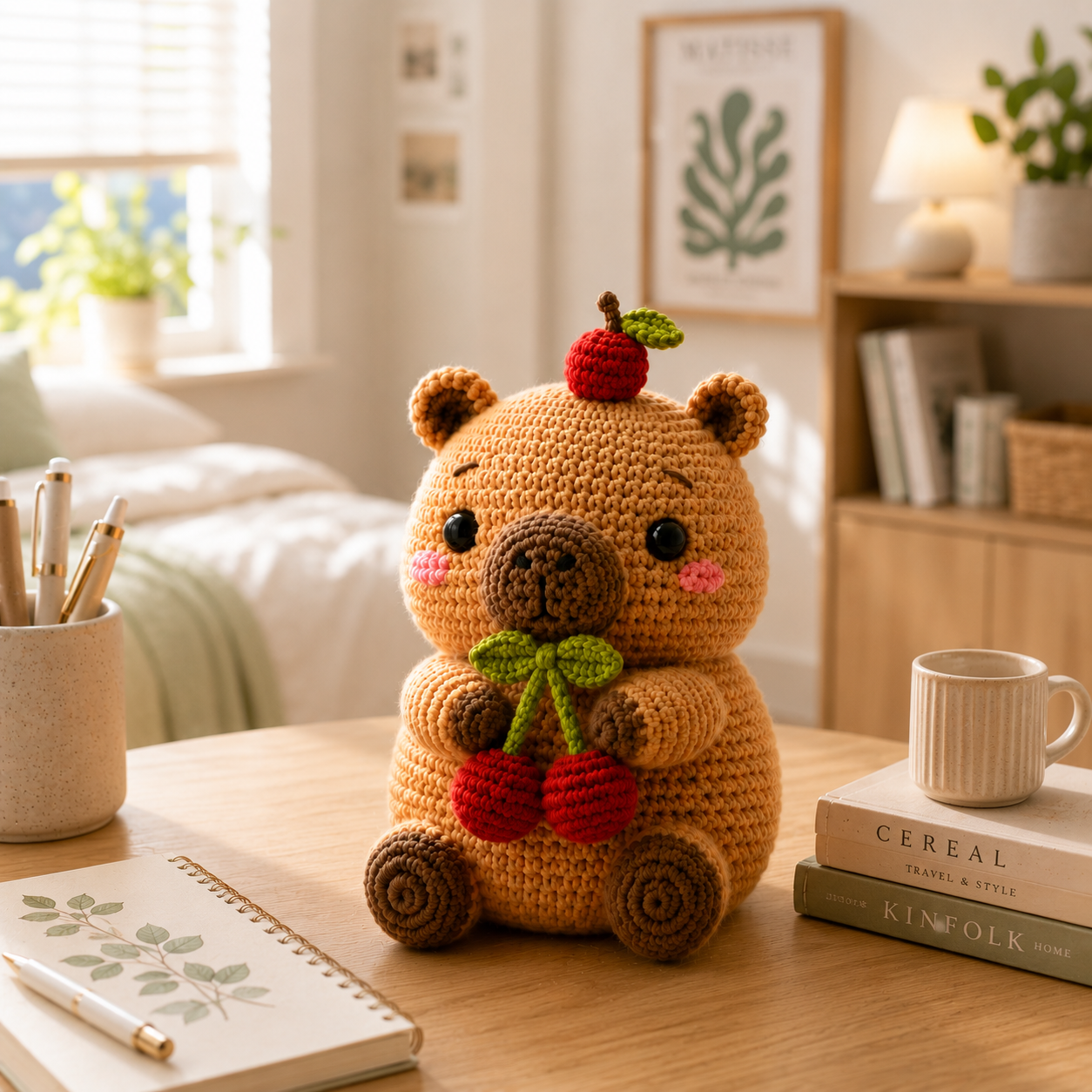 Handmade Crochet Bear with Cherries – Cute Amigurumi Plush Desk Decor & Gift