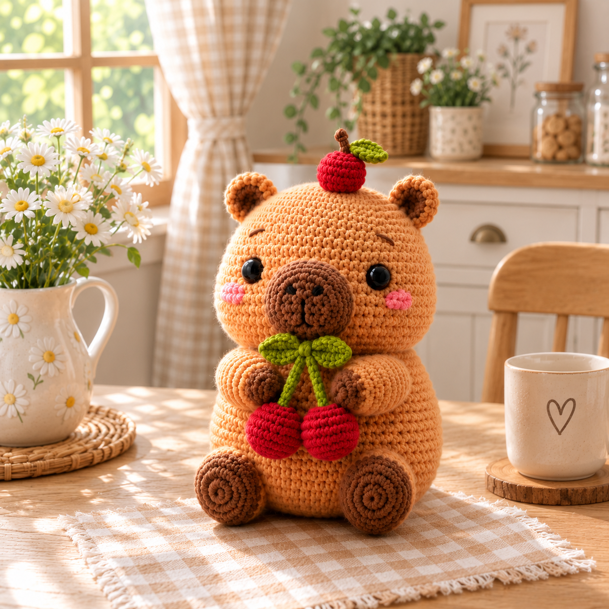 Handmade Crochet Bear with Cherries – Cute Amigurumi Plush Desk Decor & Gift