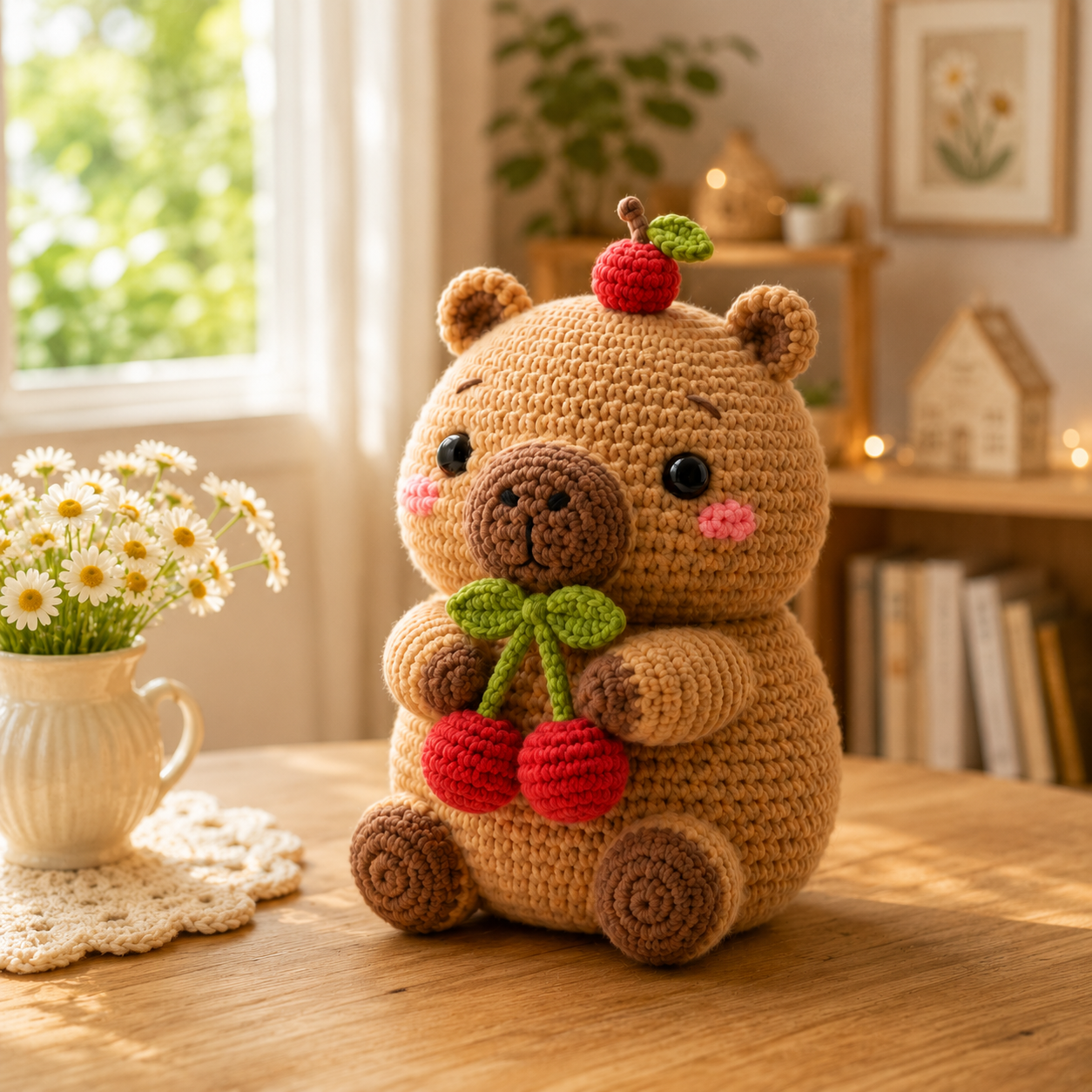 Handmade Crochet Bear with Cherries – Cute Amigurumi Plush Desk Decor & Gift