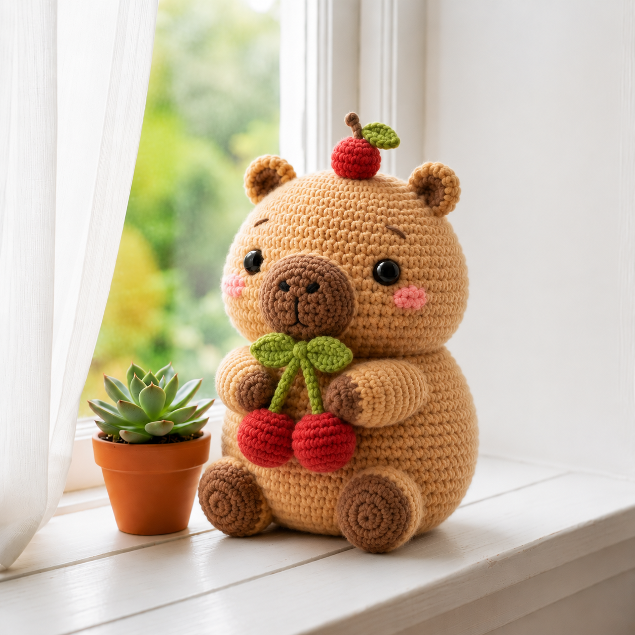 Handmade Crochet Bear with Cherries – Cute Amigurumi Plush Desk Decor & Gift