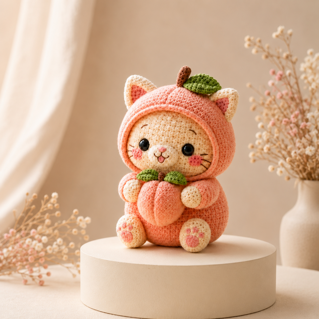 Handmade Crochet Peach Cat Plush – Cute Amigurumi Stuffed Animal & Gift