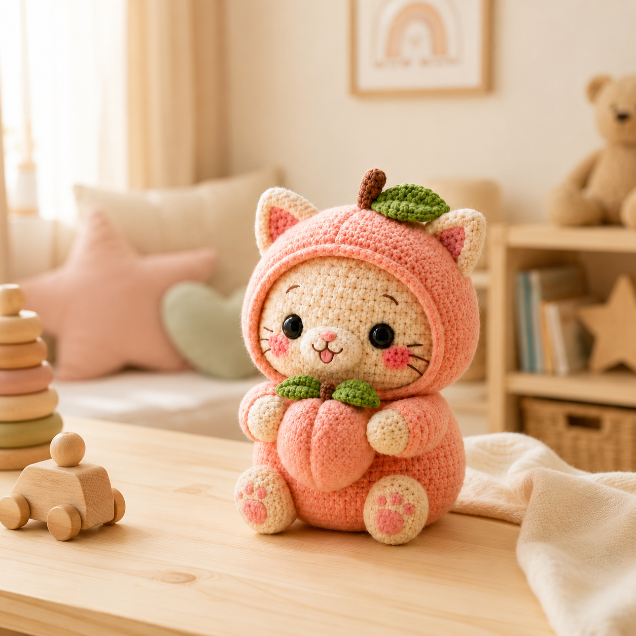 Handmade Crochet Peach Cat Plush – Cute Amigurumi Stuffed Animal & Gift