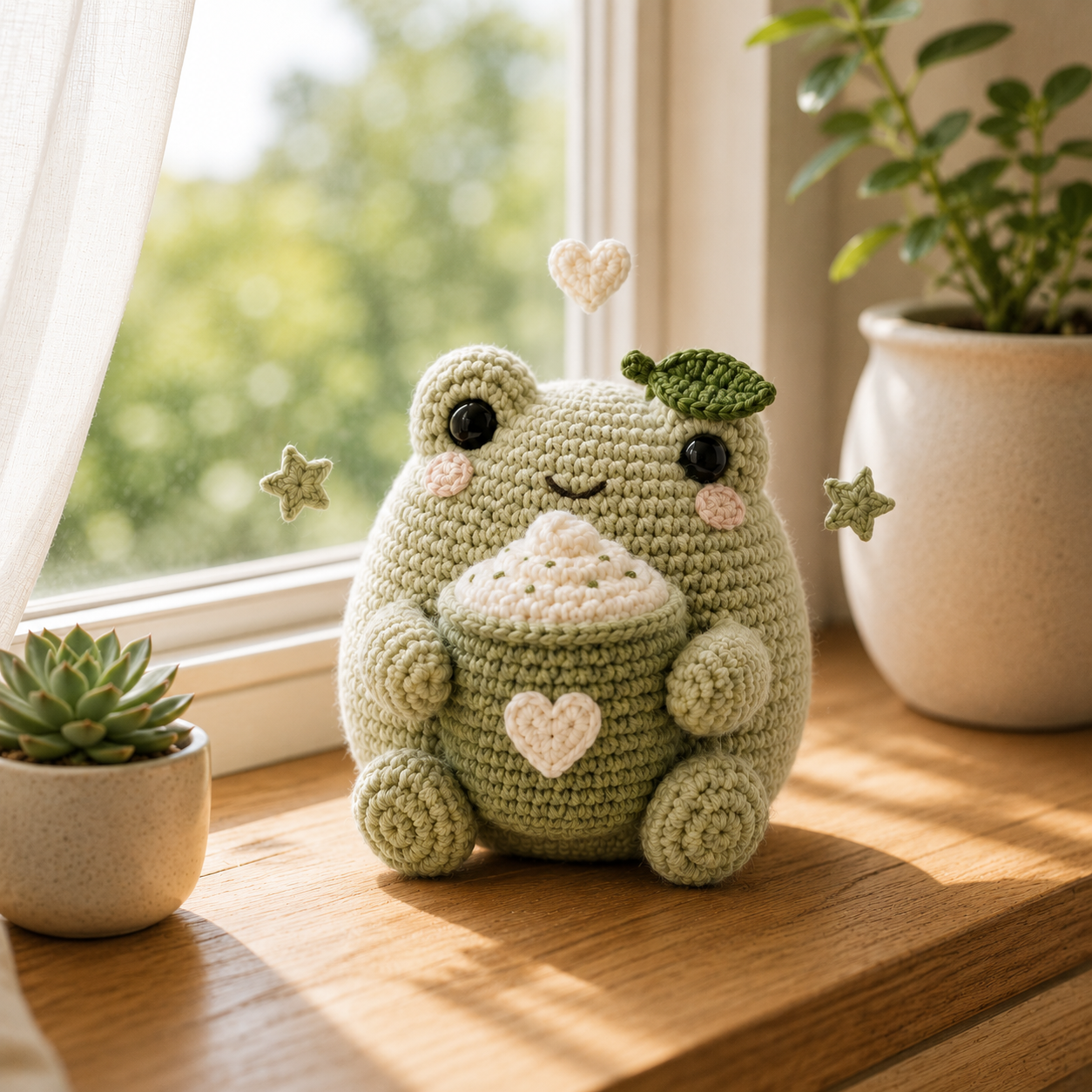 Handmade Crochet Matcha Frog Plush – Cute Amigurumi Frog with Coffee Cup