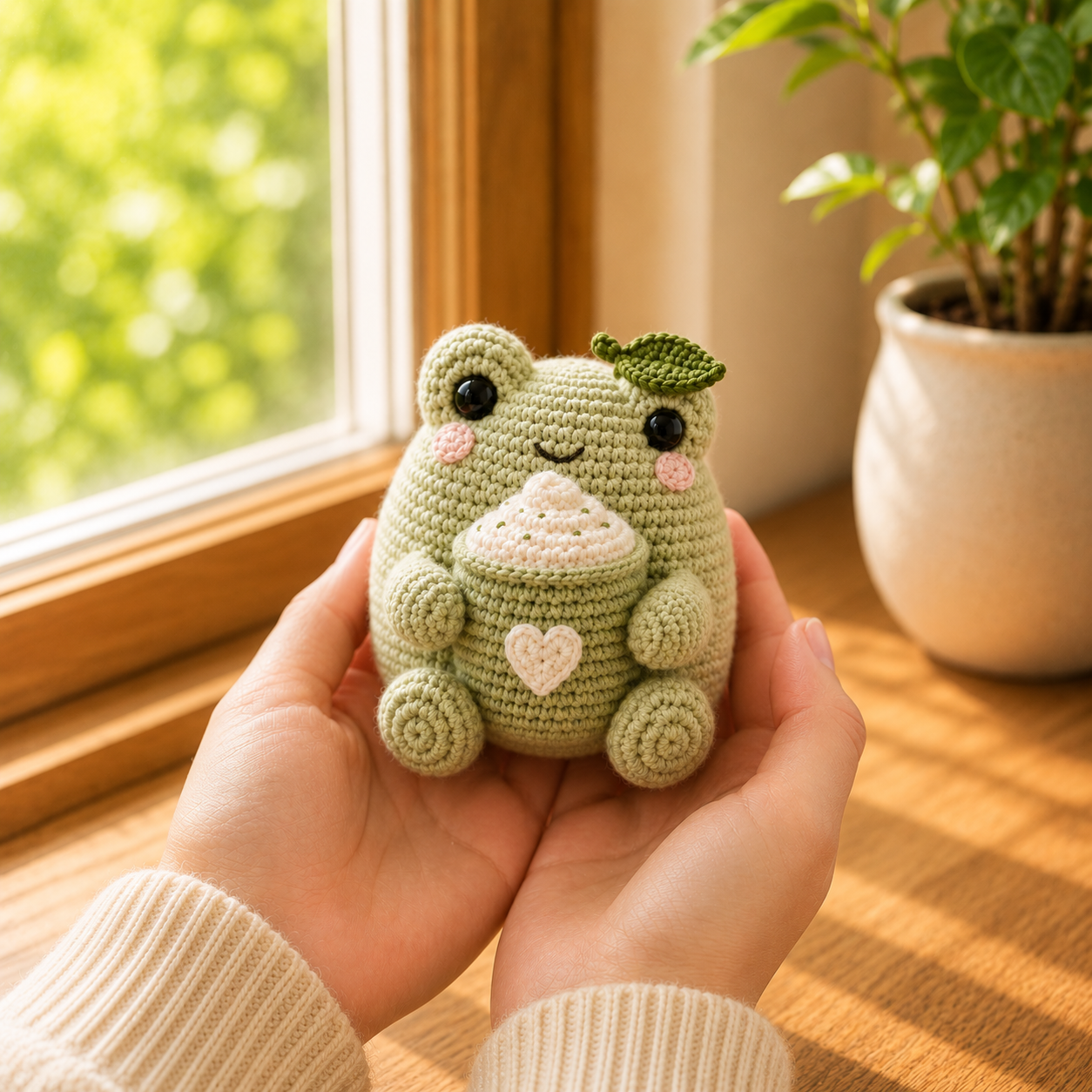 Handmade Crochet Matcha Frog Plush – Cute Amigurumi Frog with Coffee Cup