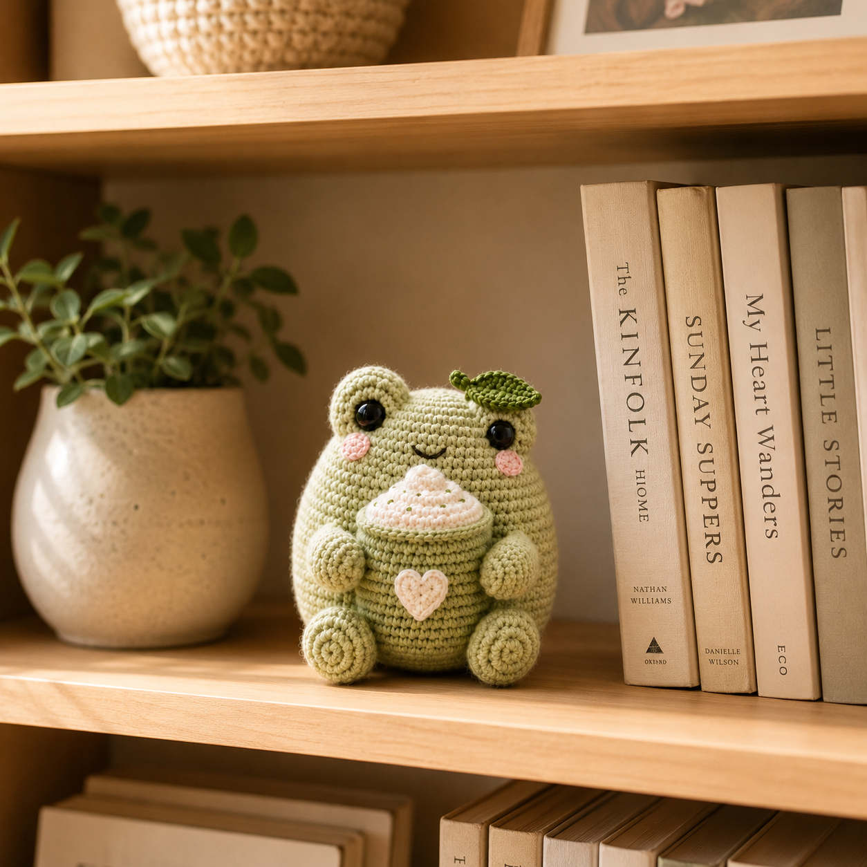 Handmade Crochet Matcha Frog Plush – Cute Amigurumi Frog with Coffee Cup