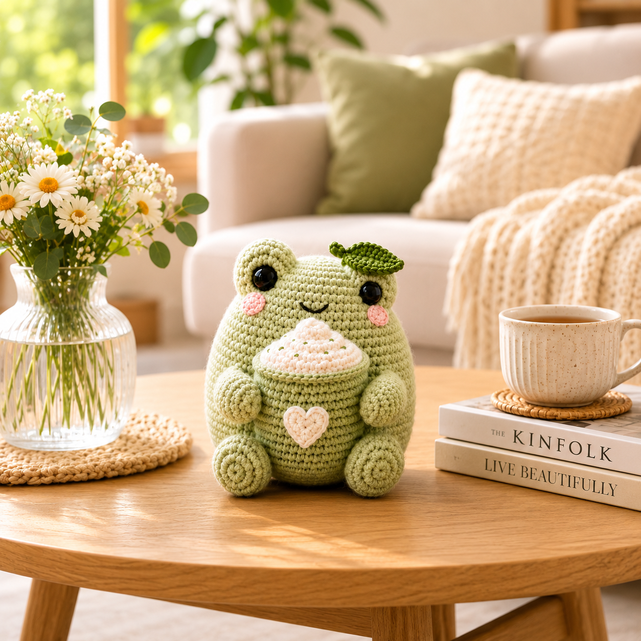 Handmade Crochet Matcha Frog Plush – Cute Amigurumi Frog with Coffee Cup