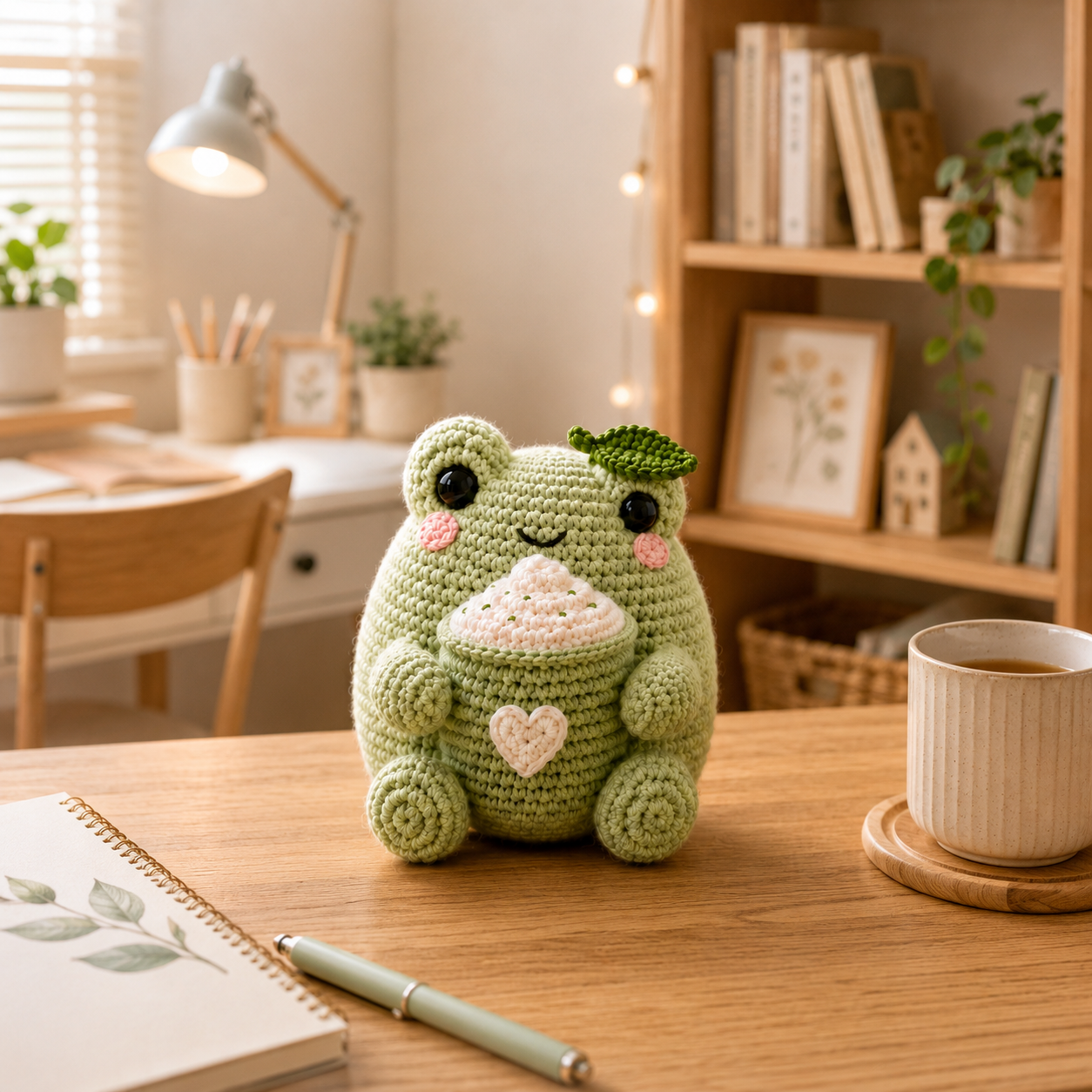 Handmade Crochet Matcha Frog Plush – Cute Amigurumi Frog with Coffee Cup