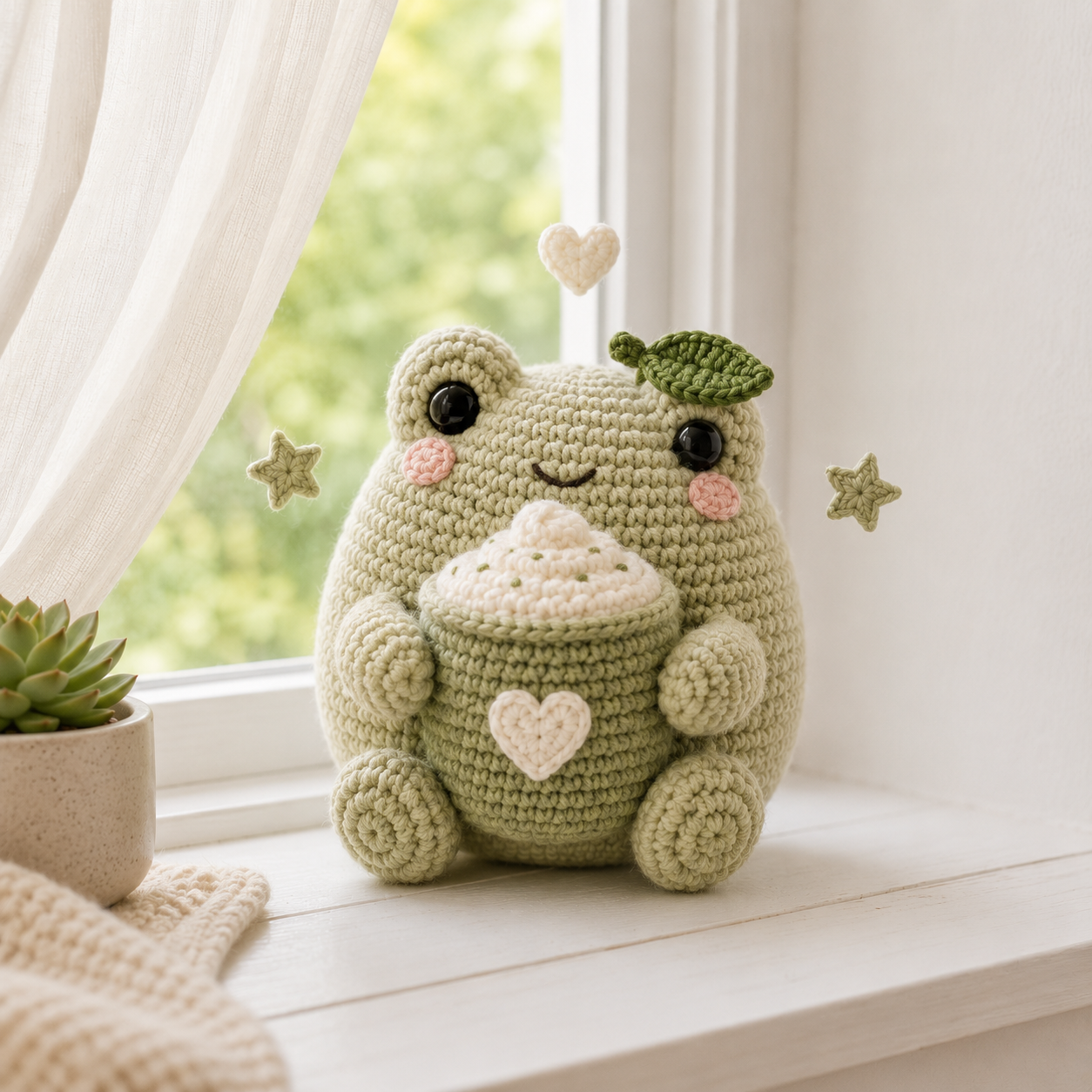 Handmade Crochet Matcha Frog Plush – Cute Amigurumi Frog with Coffee Cup