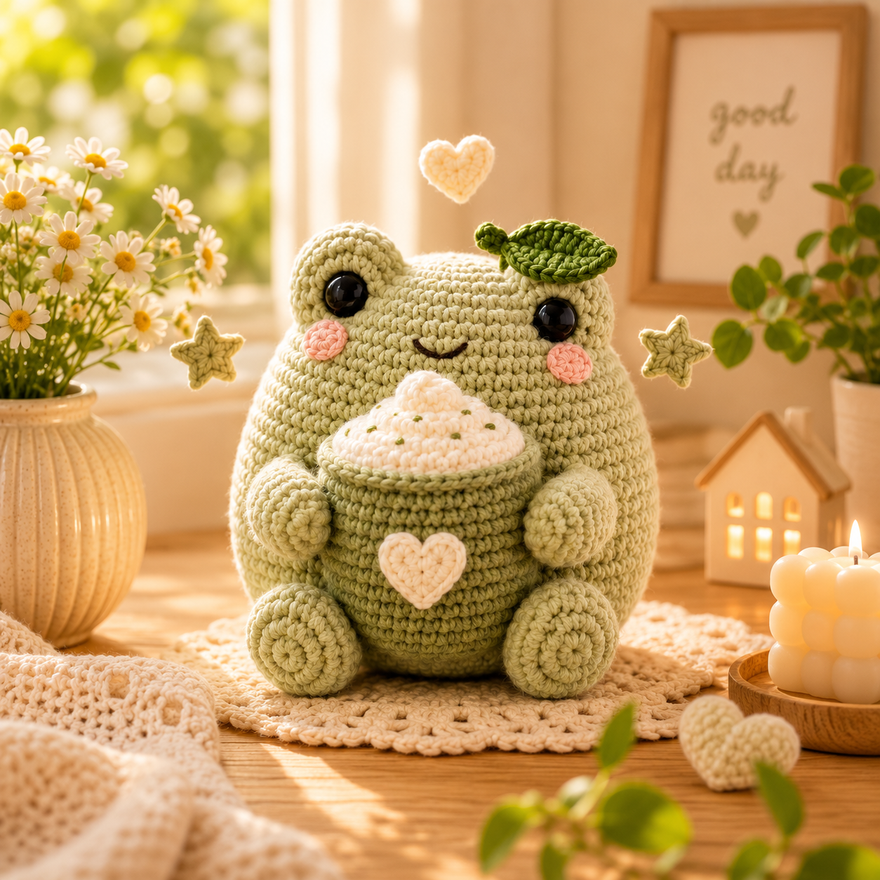 Handmade Crochet Matcha Frog Plush – Cute Amigurumi Frog with Coffee Cup