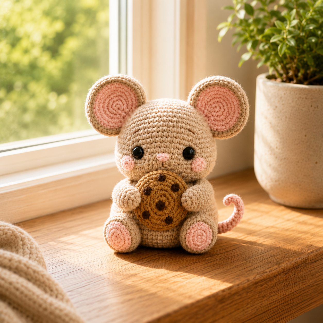 Handmade Crochet Mouse with Cookie – Cute Amigurumi Plush Desk Decor & Gift