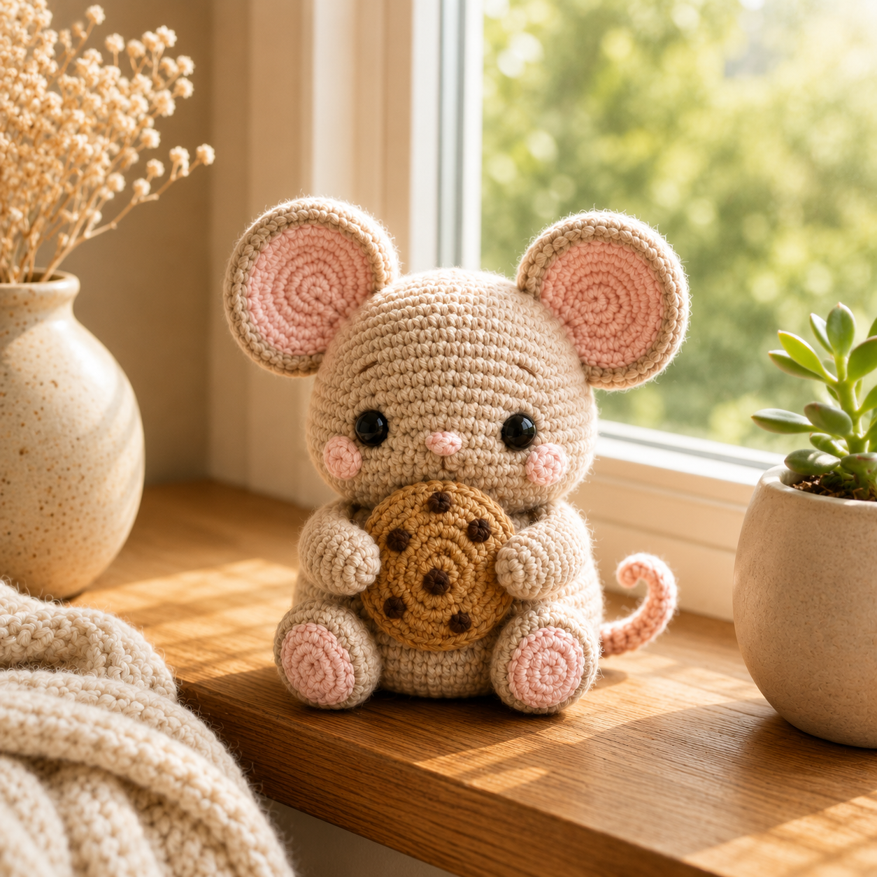 Handmade Crochet Mouse with Cookie – Cute Amigurumi Plush Desk Decor & Gift