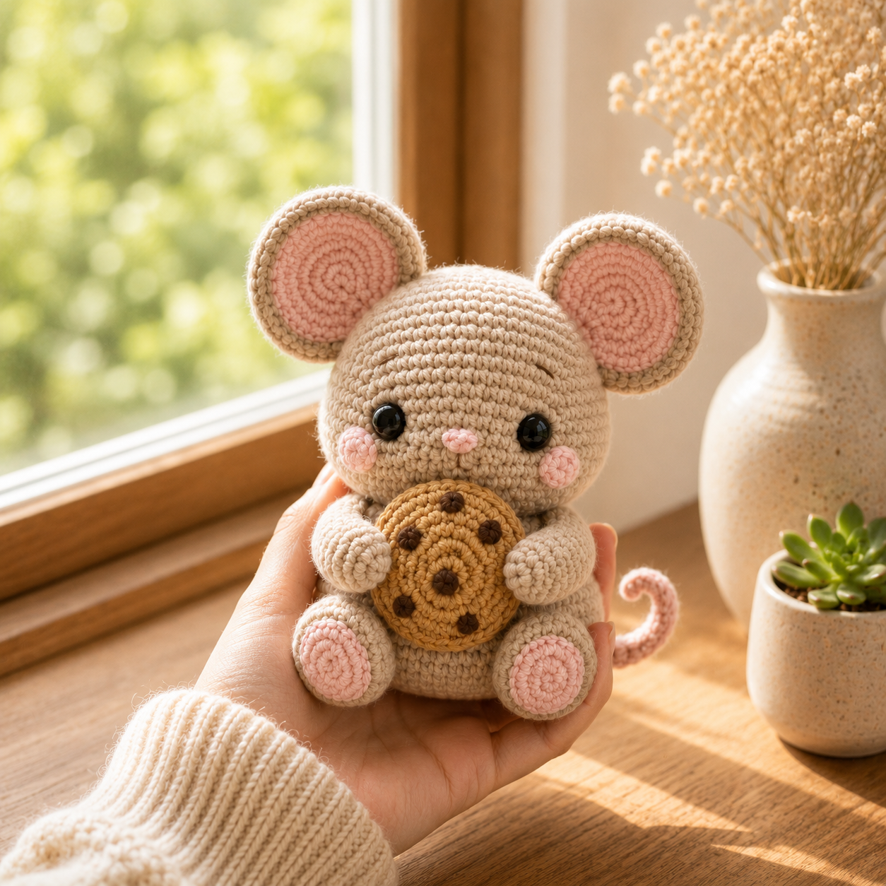 Handmade Crochet Mouse with Cookie – Cute Amigurumi Plush Desk Decor & Gift