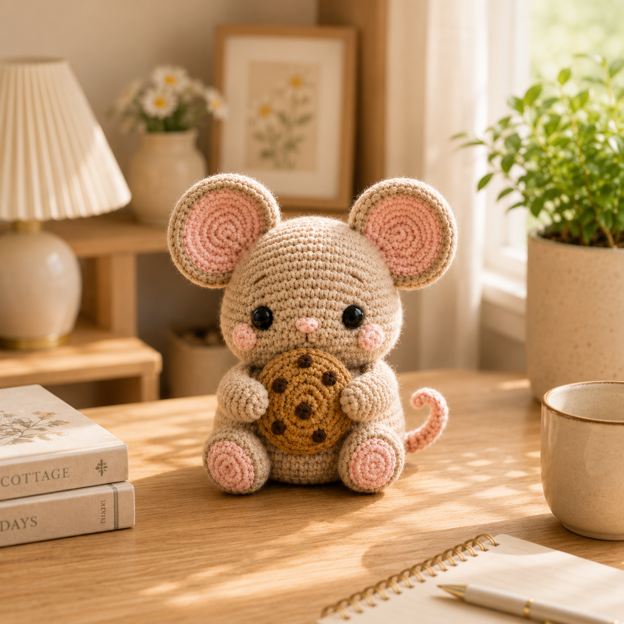 Handmade Crochet Mouse with Cookie – Cute Amigurumi Plush Desk Decor & Gift